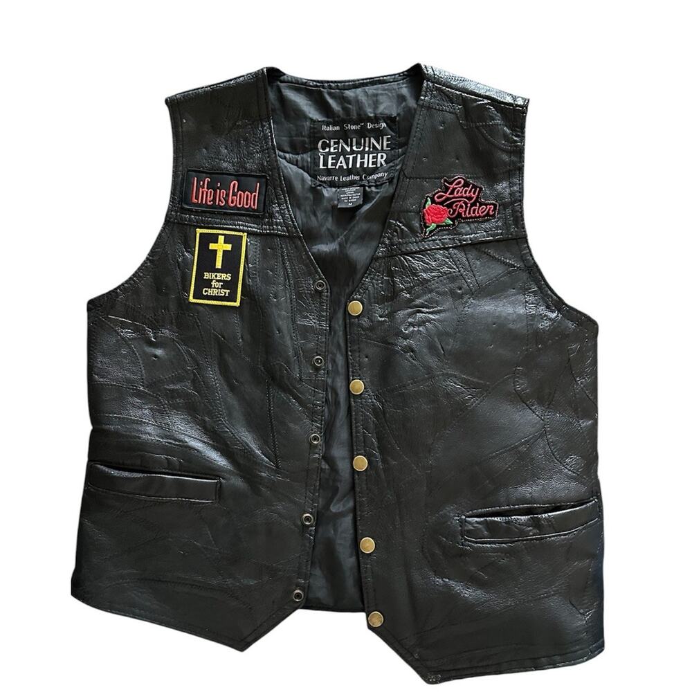 Navarre Leather Vtg Christian Motorcyclists Assoc Black Leather Vest Patch M Wom